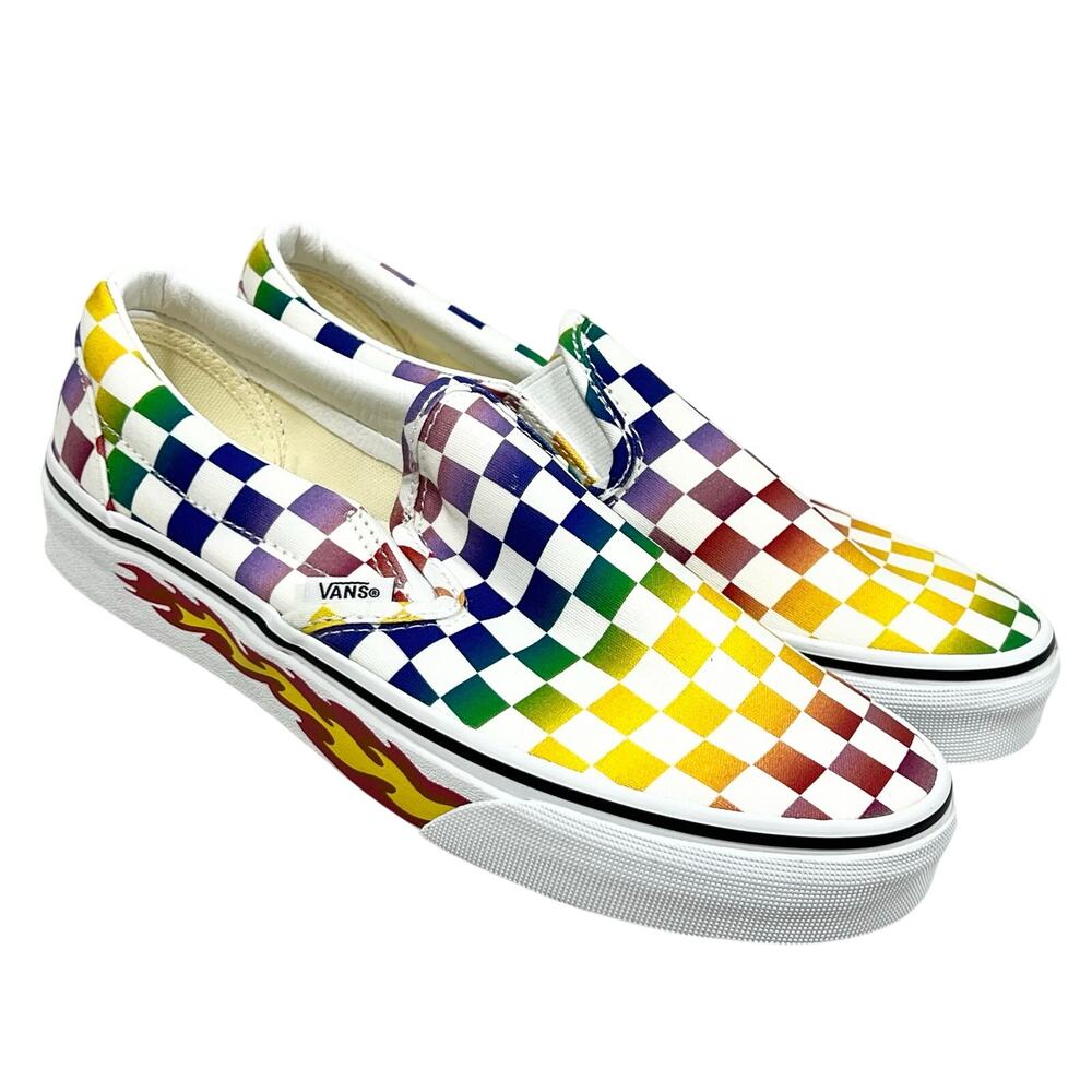 Vans Classic Slip On Rainbow Checkerboard Flame Men 6 Women 7.5 Skate Shoes